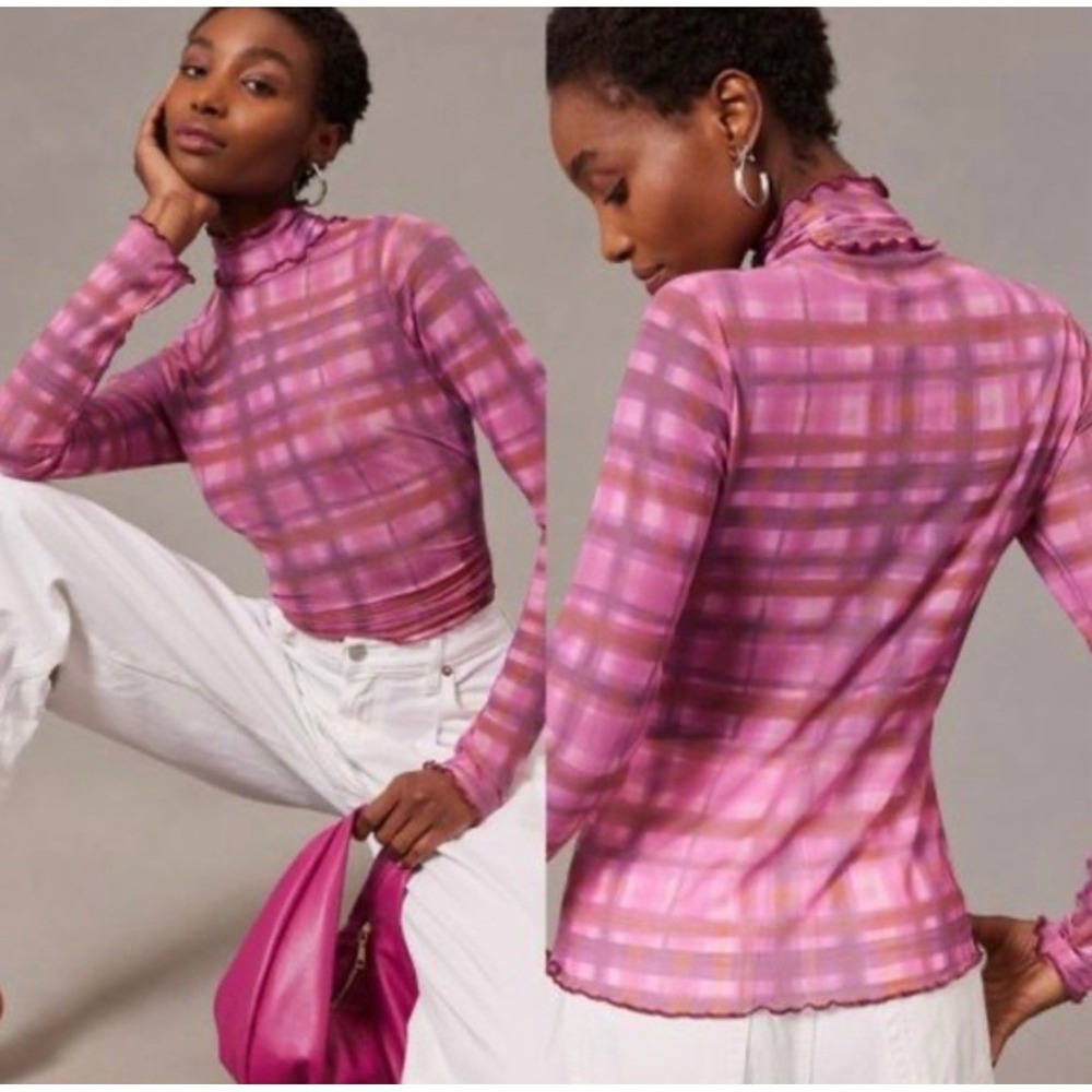 Pilcro Sheer Mesh Plaid Top Size M Ruffle Y2K Cute Layering Fairy Grunge